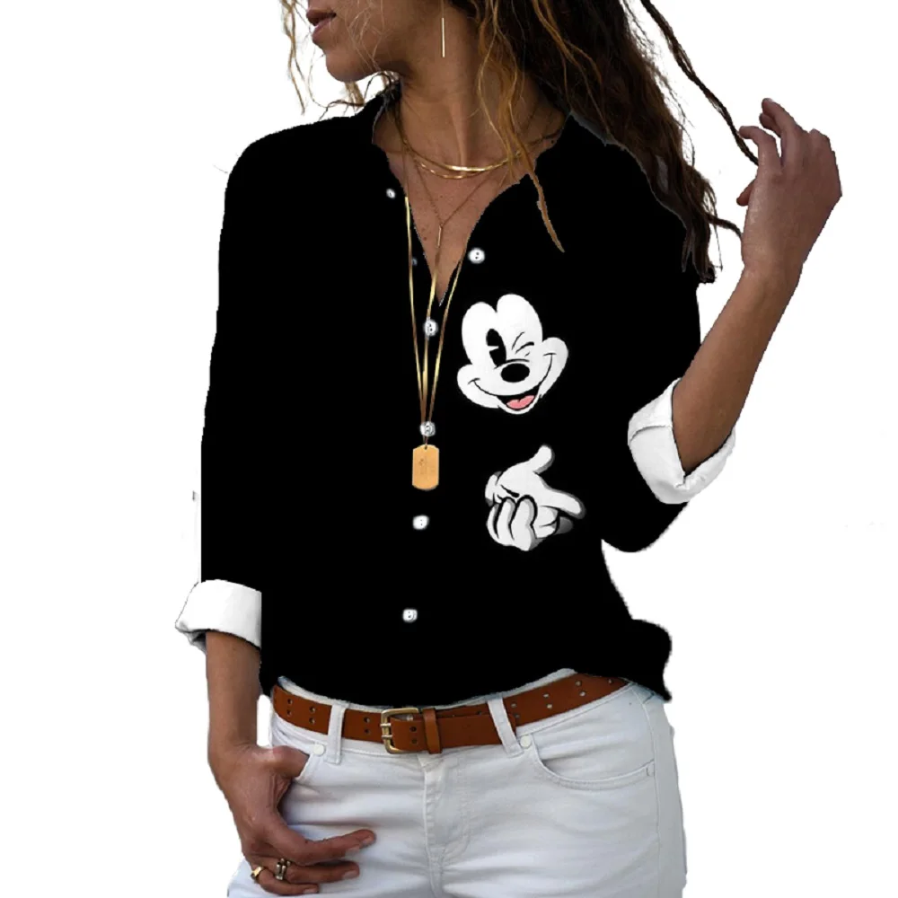 Camiseta de manga larga con estampado 3D para mujer, camisa informal con botones y solapa de Mickey y Minnie, estilo Harajuku, y2k, novedad de 2024