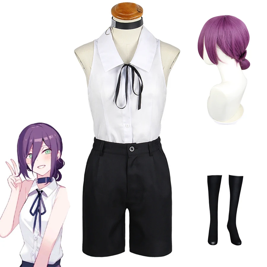 Anime Chainsaw Man Reze Bomb Cosplay Costume White Shirt Tie Shorts Purple Wig Women Girls Uniform Halloween Party Costumes