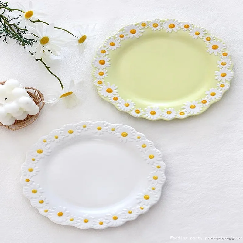 Japanese Style Small Daisy Embossed Ceramic Household Eight-inch Fruit Cake Dessert Plate Home Decoration Ceramic Dishes Cup Set