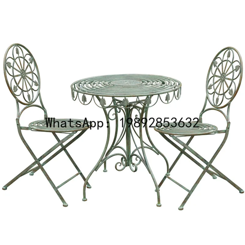 

Xl european retro iron art garden folding table and chair set - outdoor patio leisure set with backrest