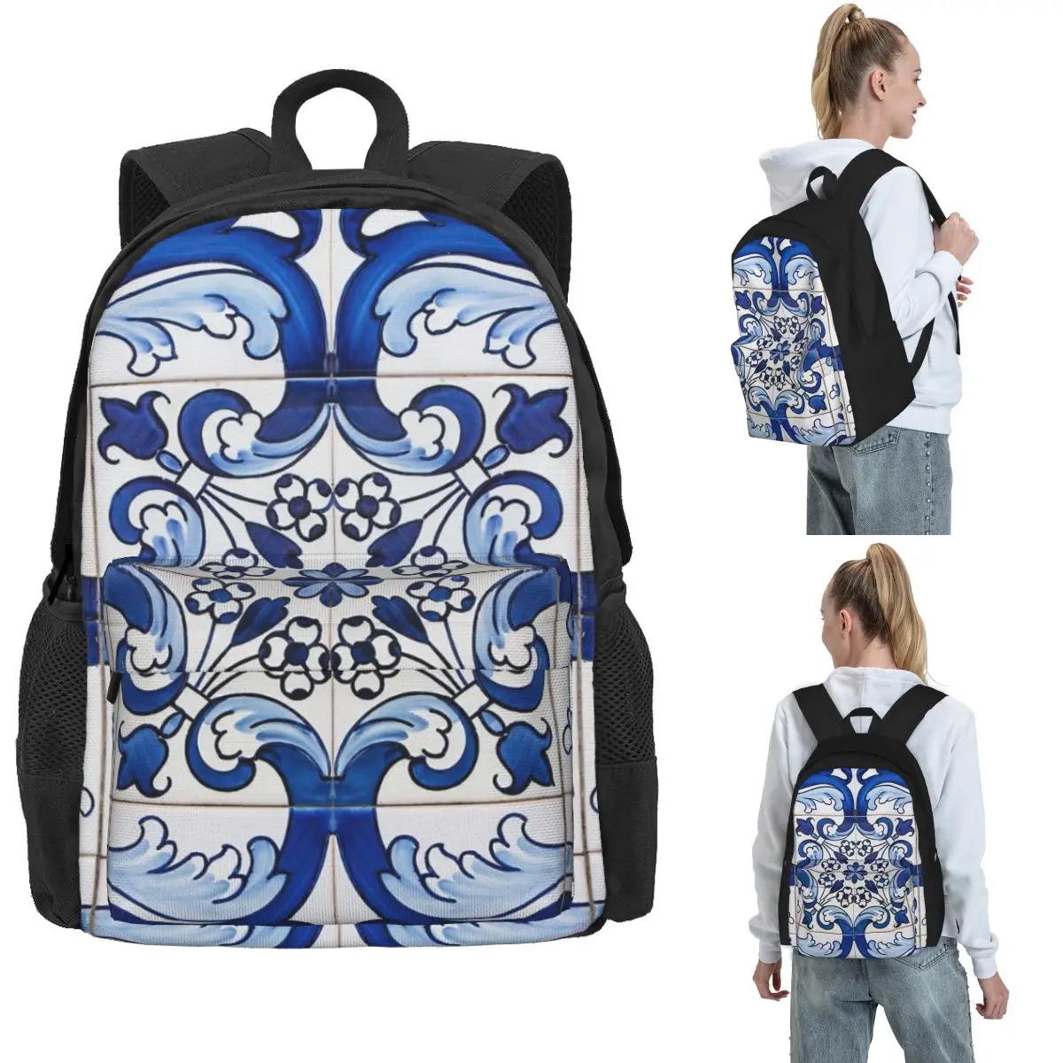 

Антикварные классические рюкзаки Lisbon Blue Azulejo с цветочным узором, сумка для книг для мальчиков и девочек, школьные сумки, рюкзак для ноутбука, сумка на плечо