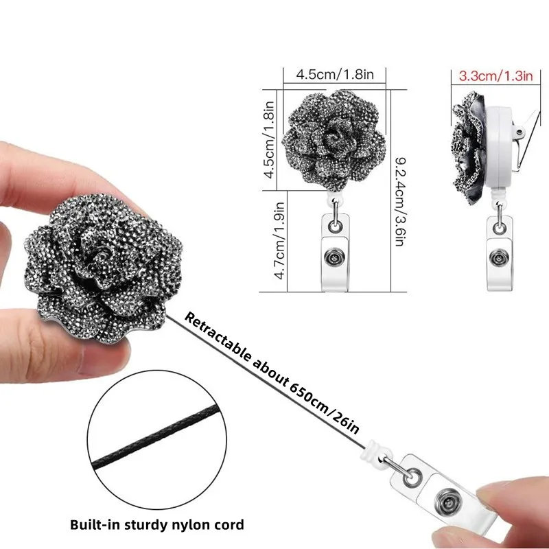 Retractable Badge Reel Glitter Rose ID Holder with 360 Swivel Alligator Clip for Nurse Students Staff Name Tag Waist Buckle