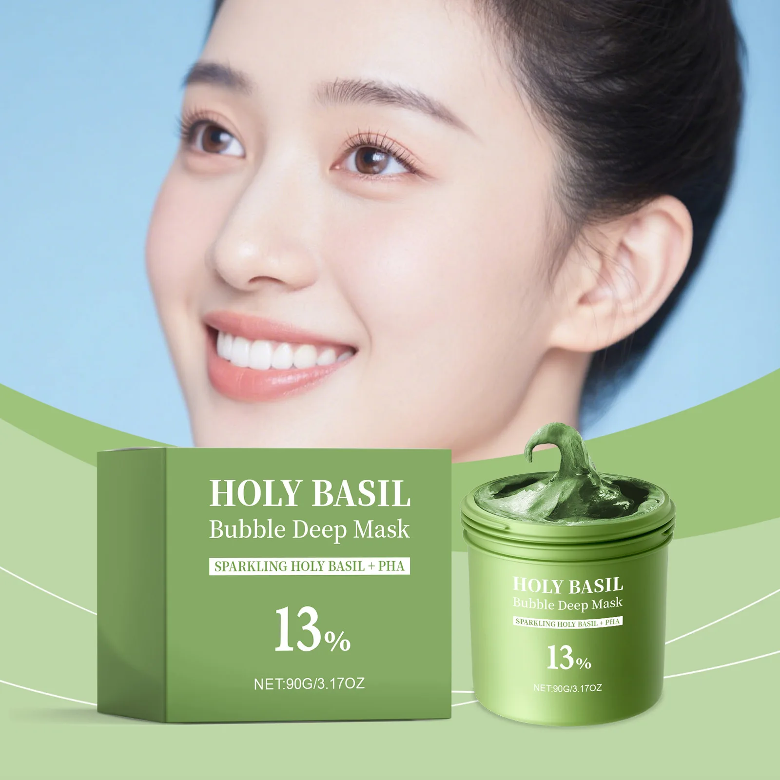 Holy Basil Bubble Mud Mask Gentle Cleaning Pore Blackheads Removal Acne Oil Control Exfoliating Hydrating Skin Rejuvenation Care
