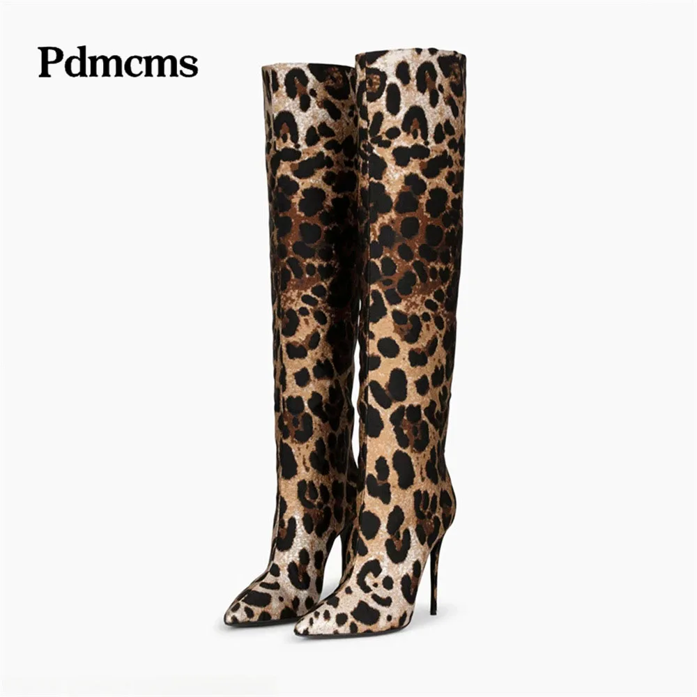 

Women's Fashion Pointed Toe Leather Gold Zebra Leopard Party Dress Print Knee High Thin Heels Long Boot Big Size Pull-on Shoes