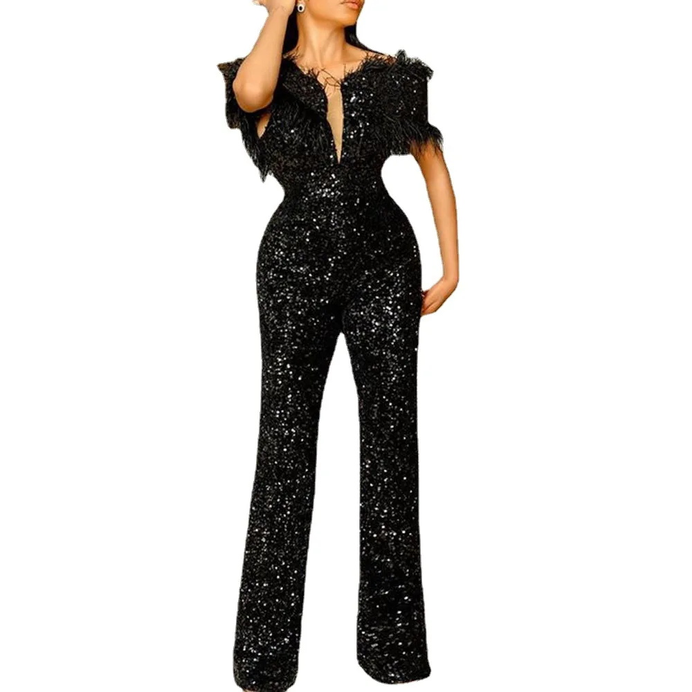 Combinaison noire à col en V pour femme, pantalon taille haute, manches courtes, paillettes de plumes, mince, extensible, élégant, batterie, 1 pièce