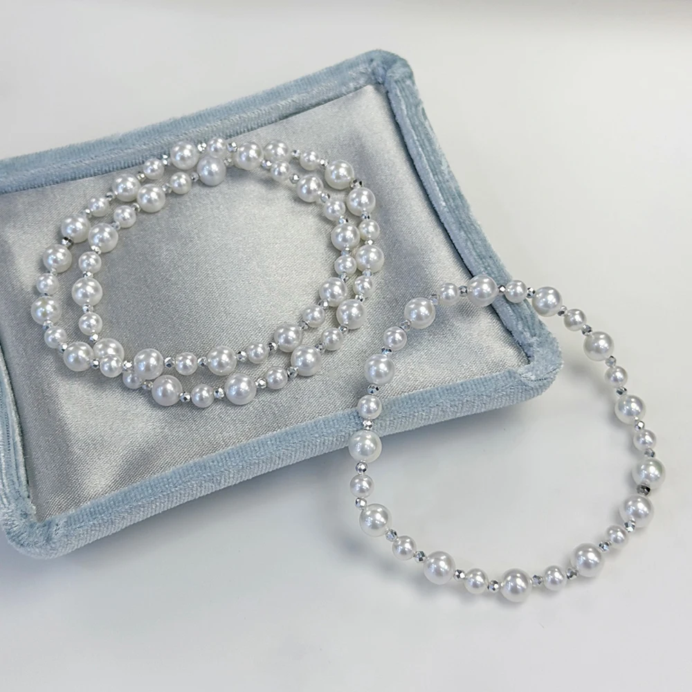 Staggered Design Real Pearl Elastic Bracelet for Women with 4-5mm and 5-6mm Aurora White Freshwater Pearls and 925 Silver Beads