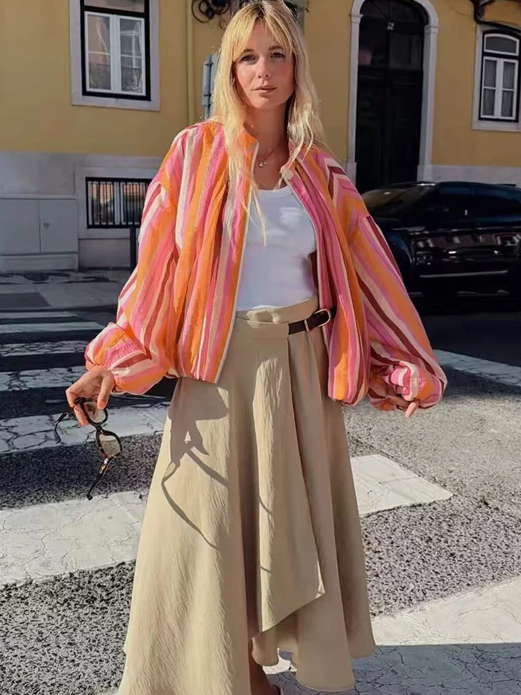 TFMLN Women's Bomber Jacket Multicolored Striped Long Sleeves Loose Jackets High Collar Striped Zipper Jackets and Elastic Trims