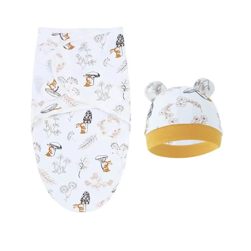 Baby Decke Hut Set Cartoon Gedruckt Baumwolle Neugeborenen Swaddle Einstellbar Säugling Schlafen Swaddle Wraps Alle Jahreszeiten 0-6 Monate