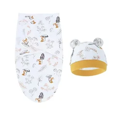 Baby Blanket Hat Set Cartoon Printed Cotton Newborn Swaddle Adjustable Infant Sleeping Swaddle Wraps All Seasons 0-6 Months