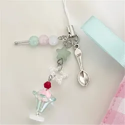 Cute Bowknot Ice Cream Pendant Mobile Phone Chain Charm Beaded Keychain Phone Strap Lanyard Earphone Hanging Decor Accessories