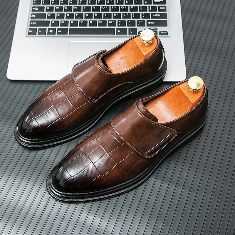 

Men Business Dress Leather Shoes Black Brown Velcro British Big Head Leather Shoes Korean Edition Men Shoes Size 38-46