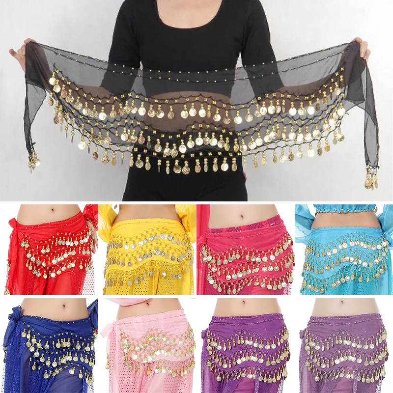 1PC Women Belly Dance Waist Chain Hip Costume Accessories 3 Rows Belt Skirt With Gold Coins Waist Chain Wrap Adult Dance Wear