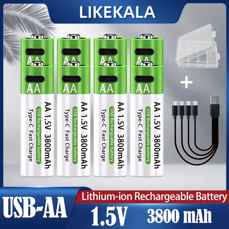 LIKEKALA بطاريات ليثيوم أيون AA قابلة للشحن USB ليثيوم أيون 3800 مللي أمبير 1.5 فولت AA بطاريات قابلة للشحن + كابل بيانات وصندوق تخزين
