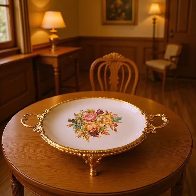 YFY European-style relief ceramic plate alloy binaural handle retro rectangular shallow plate fruit plate ornament storage tray