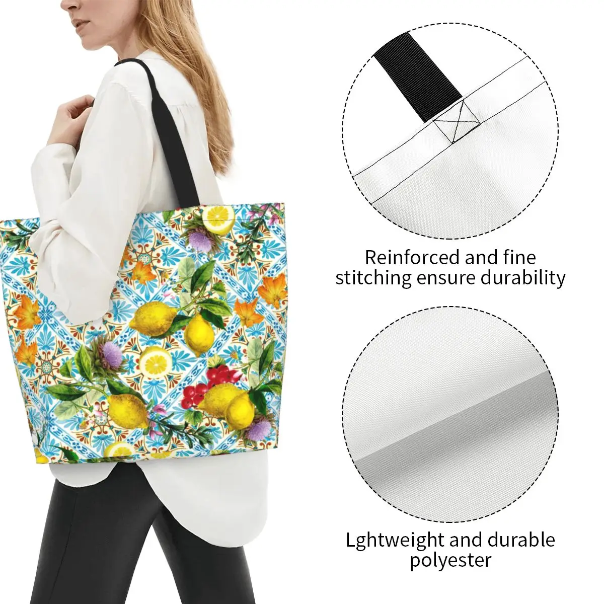 Custom Sicilian Lemons And Romantic Tiles Grocery Shopping Bags Canvas Shopper Tote Shoulder Bag Citrus Fruit Painting Handbag