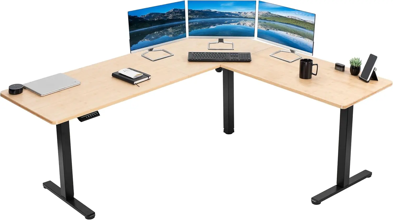 

VIVO Electric Corner L-Shaped 75 x 63 inch Real Bamboo Standing Desk, Height Adjustable, Memory Controller, Black Frame