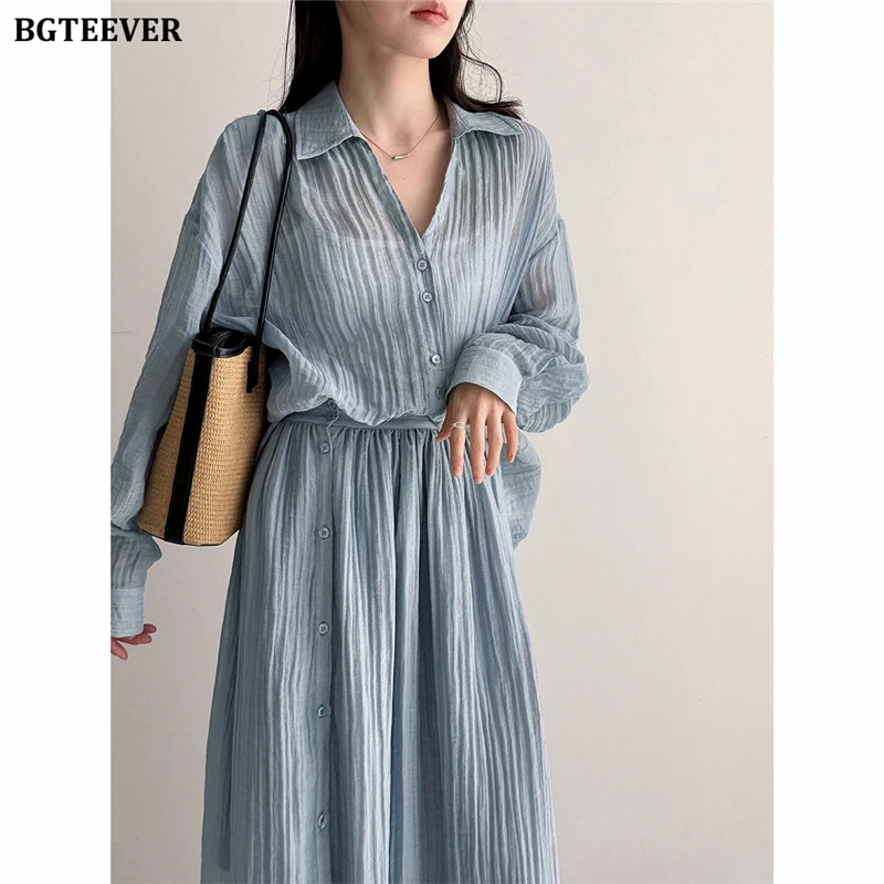 BGTEEVER Lazy-style Pleated Shirts + Skirt Women's Casual Two-piece Set Single-breasted Blouse & A-line Skirts
