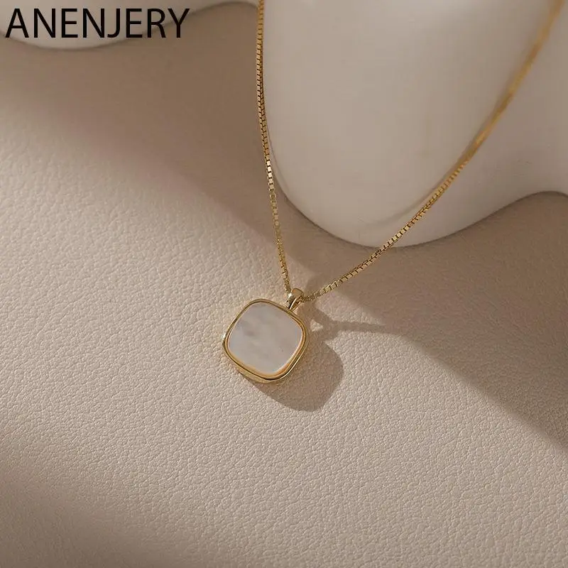 ANENJERY Srebrny kwadratowy naszyjnik z fritillary dla kobiet Prosty temperament Ins Chain Niche Jewelry
