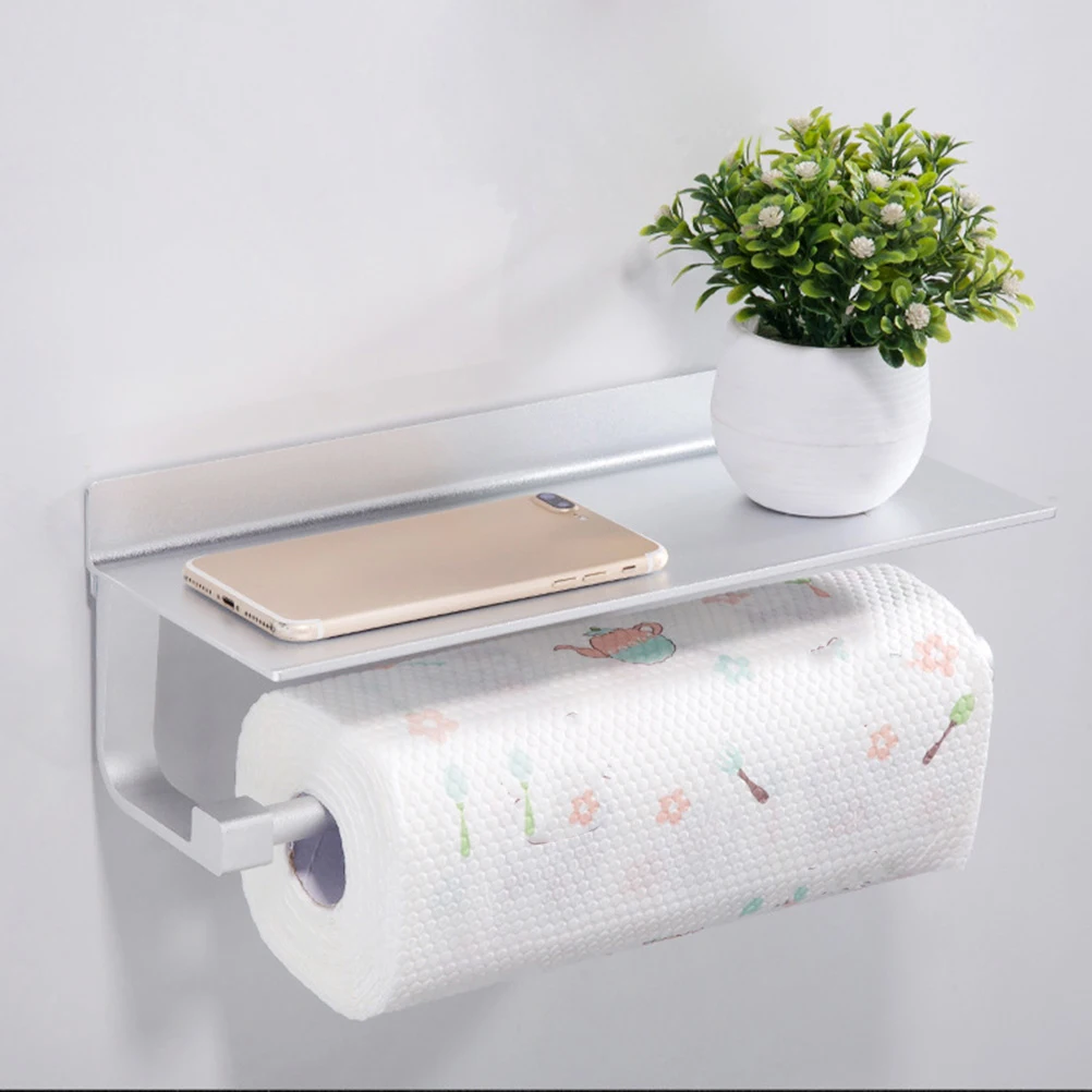 

1pc Punch Free Towel Holder Silver Bathroom Accessories Bathroom Kitchen Storage Shelf Cellphone Tissue Rack Restroom Wall Mount