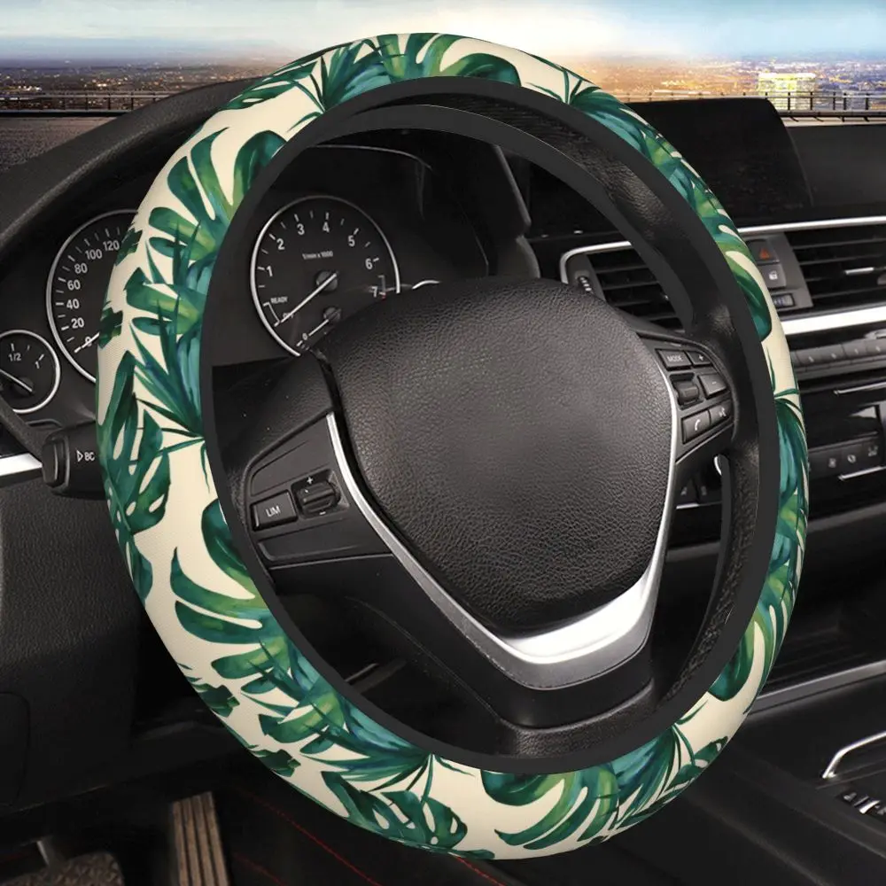 Classic Palm Leaves Tropical 15 Inch Car Elastic Thickened Steering Wheel Cover Anti Slip Car Cover Fun Steering Wheel decorate