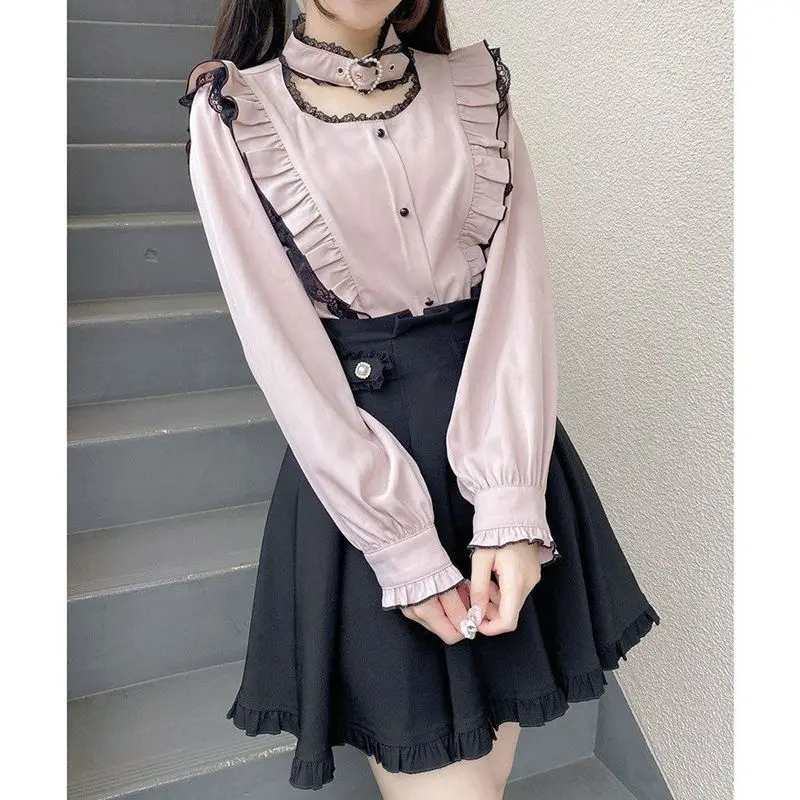 Dophee Japanese Autumn Pink Long Sleeve Blouses Beads Love Halterneck Lace Ruffles Cute Top Subcultural Gothic Lolita Women Tops