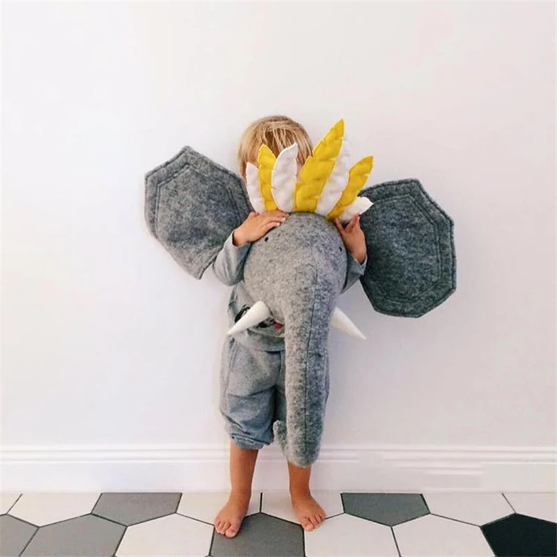 Decoración Para habitación de niños, cabeza de Animal 3D de dibujos animados, colgante de pared, elefante, ciervo, unicornio, juguetes de peluche para niños, decoración de dormitorio