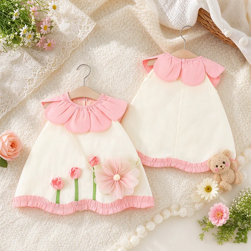 2Pcs/set Adorable Children Soft Clothing Lovely Flowers Baby Girls Dress Toddler Kid Petal Collar Costume 0-4 Y Newborn Dresses