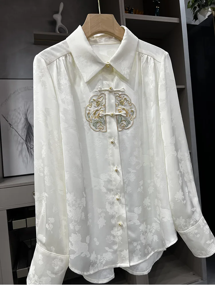 High Quality Spring 2024 New Chinese Style Embroidered Patchwork Shirt Women\'s High-end Retro Button Up Small Shirt Top Vestido