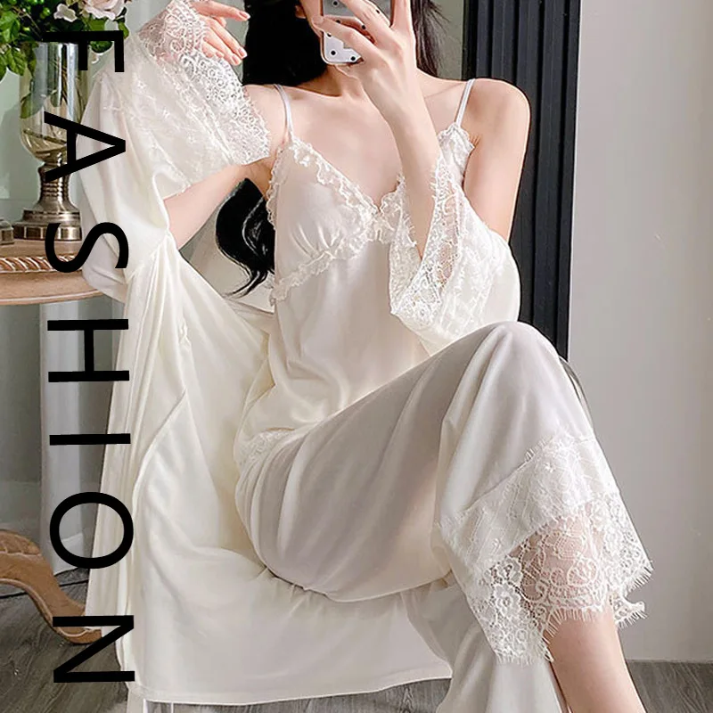 

Golden velvet pajamas women's spring and autumn new long-sleeved sexy lace pure desire wind with chest pad loungewear three-piec