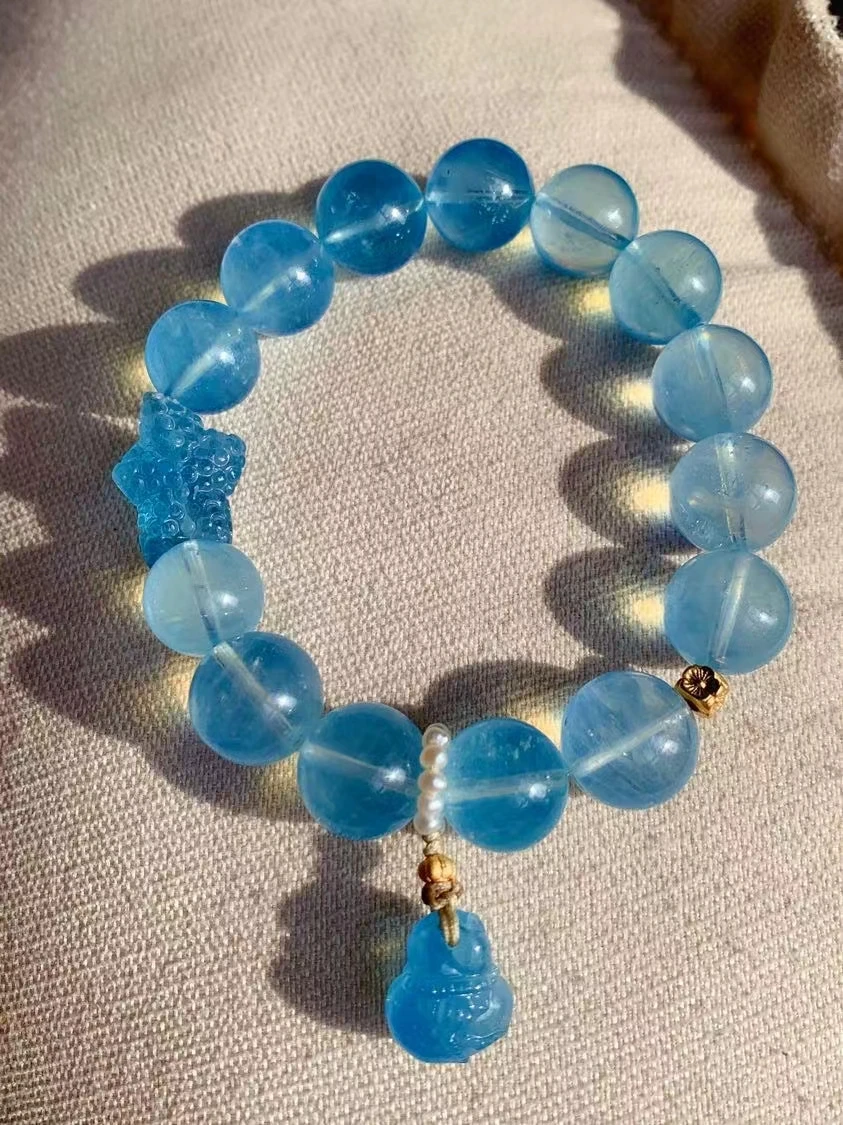 

Natural Blue Aquamarine Clear Beads Bracelet Pendant Star Light 13.3mm Fashion Women Men Brazil Stretch Jewelry AAAAA