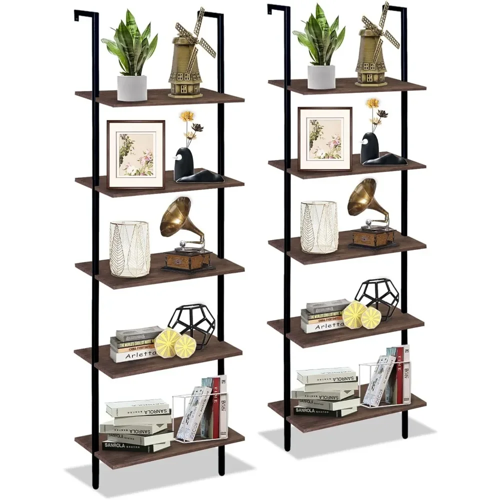 

5 Tiers Ladder Shelf 2-Piece Black Modern Tall Bookshelf Open Large Tall Wall Mount Storage Bookcase Book Shelves Librero Locker