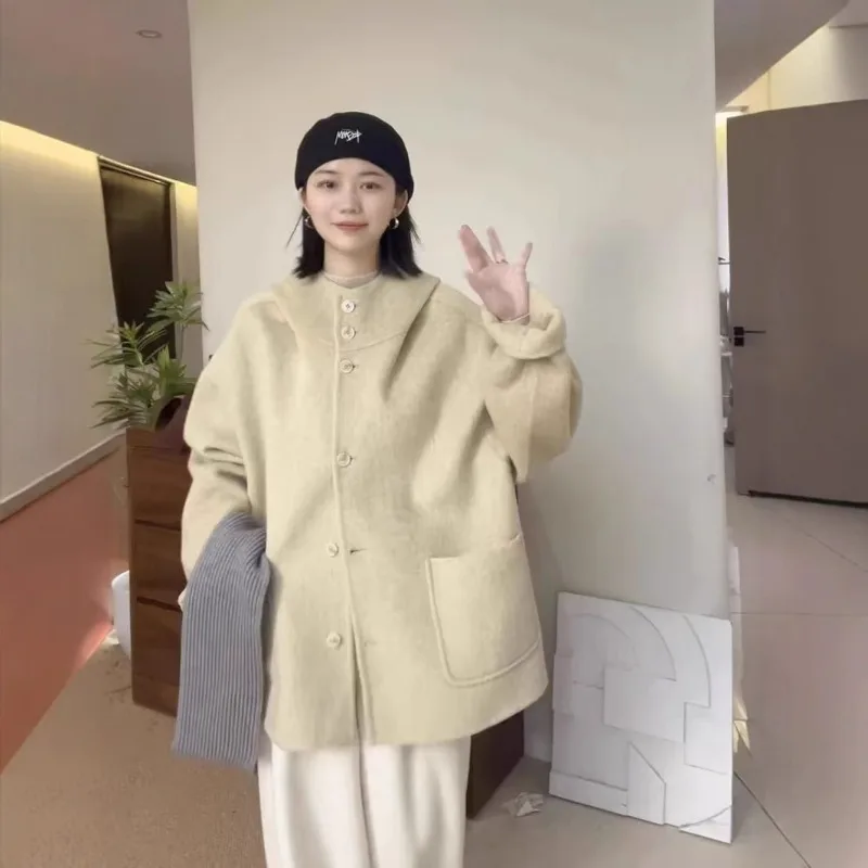 High-end Hooded Double-sided Cashmere Coat Women Short Autumn and Winter New Style Petite Wide Style Slimming Wool Woolen Coat