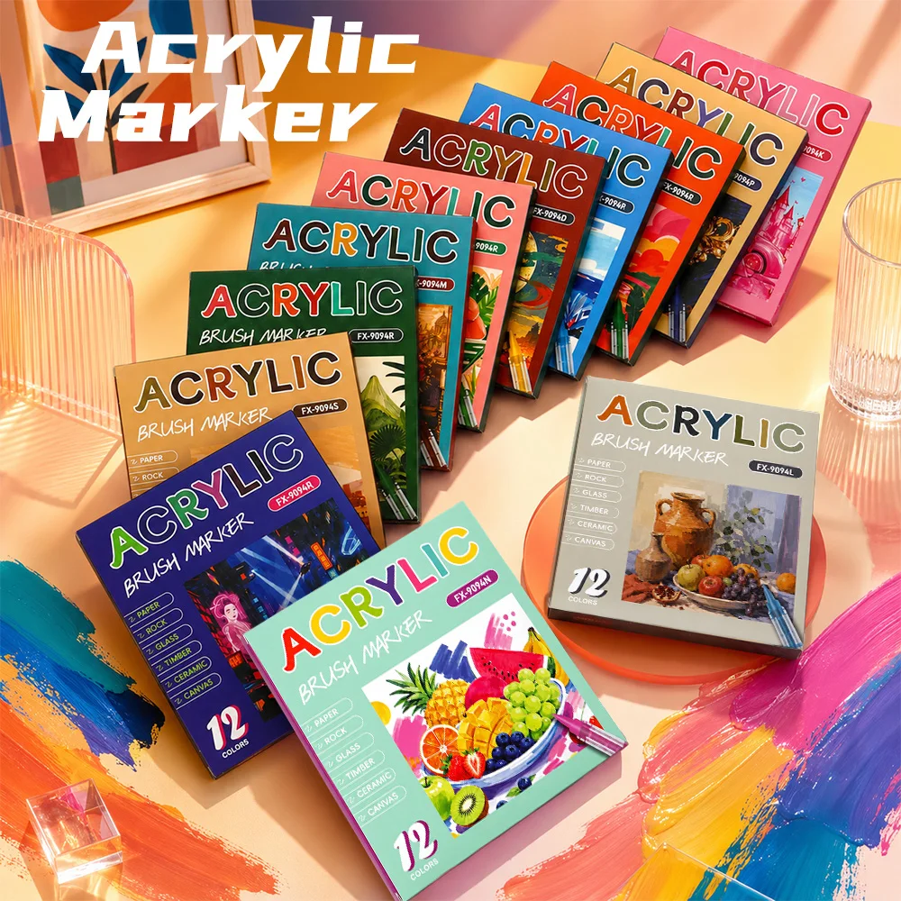 12 Colors Acrylic Brush Marker Set Soft Tip Paint Pen Canvas Glass Ceramic Creative Graffiti Art Drawing Crafts Stationery Items