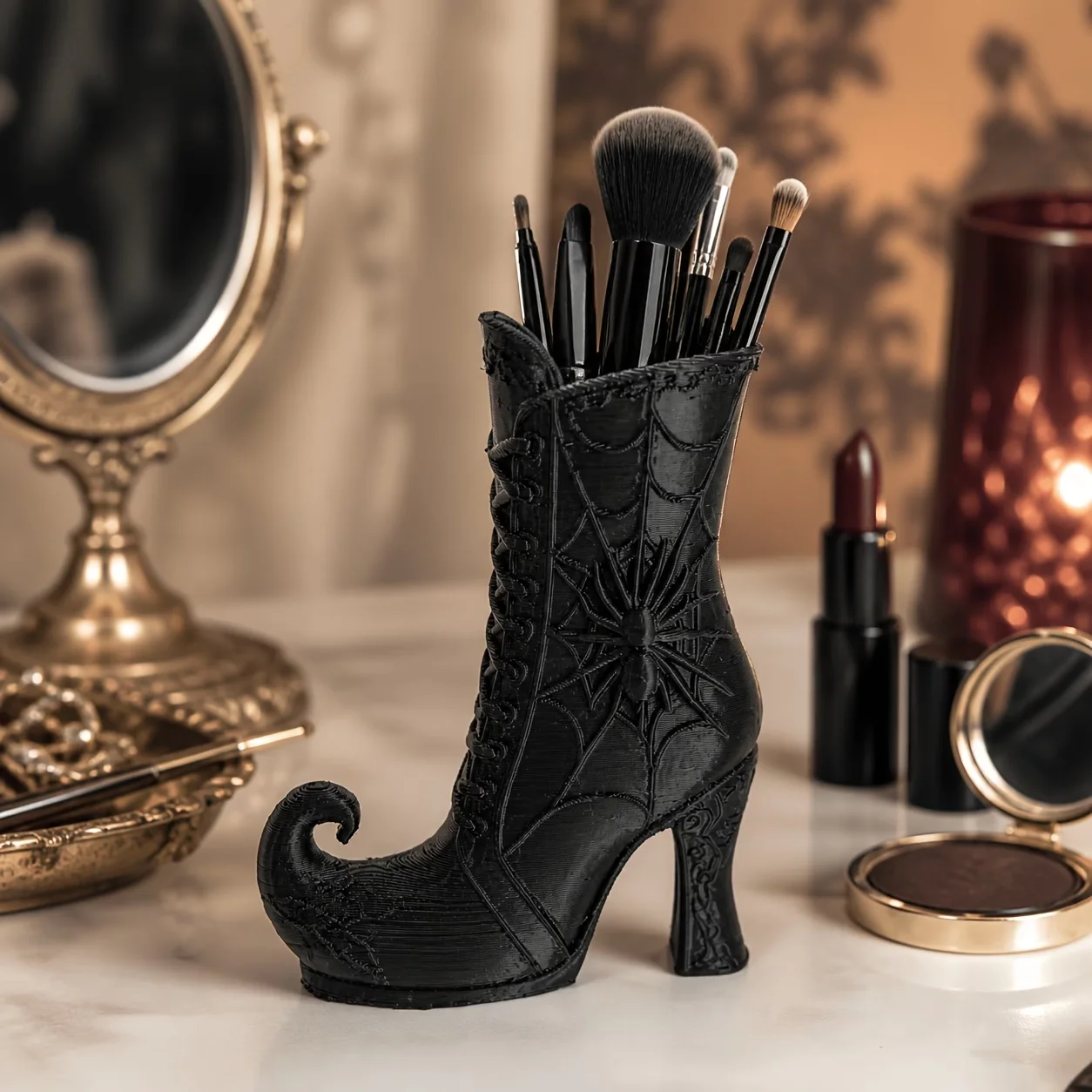 A pen holder and makeup brush organizer, witch boots and spider web - 3D printed Halloween gift suitable for desktop decoration