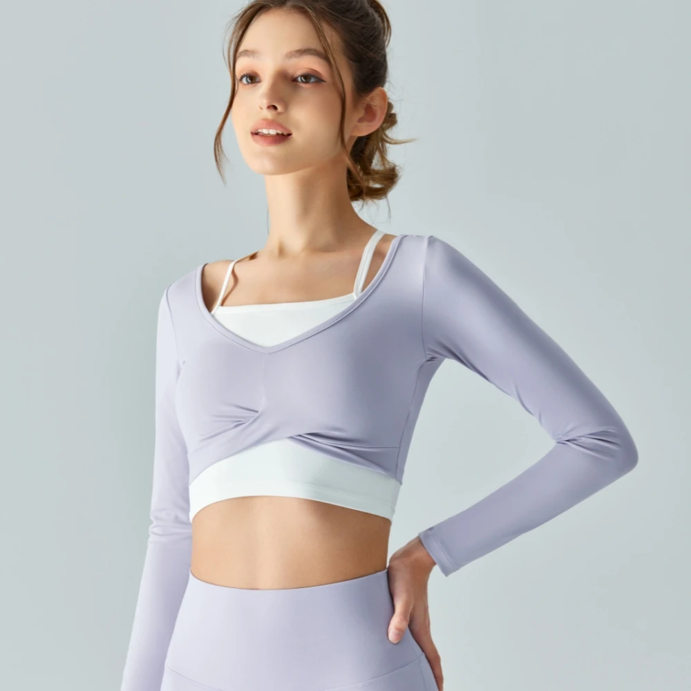 Emily Hanging Neck Fake Two Piece Yoga Long Sleeve T-shirt Semi Fixed Cup Front Chest Cross Pleated Yoga Top Fitness Clothing