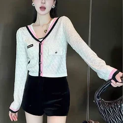 Women Clothing Letter Embroidery Knitted Tops Autumn Slim V-neck Contrast Style Short Sweaters Chic Button Knitwear Tops