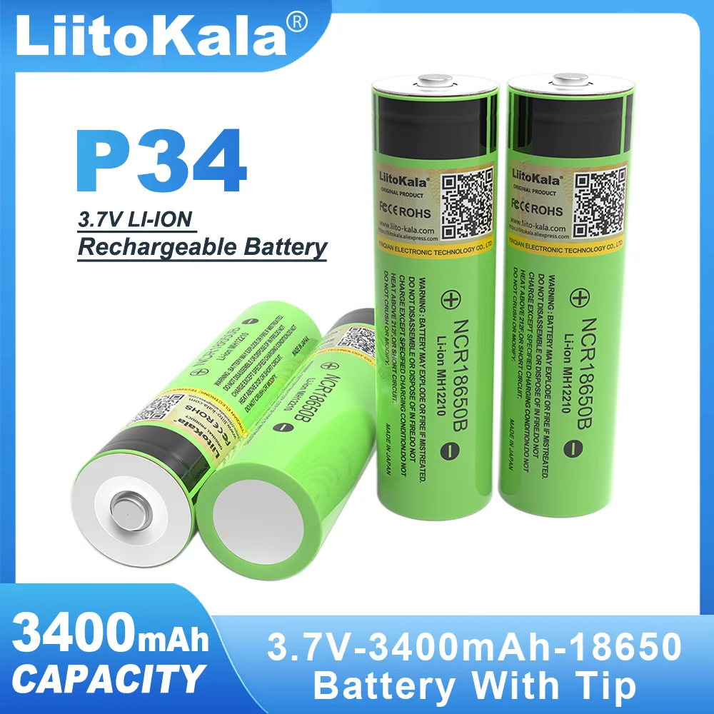 new LiitoKala NCR18650B  Tip 3.7v 3400 mAh 18650 Lithium Rechargeable Battery with Pointed batteries