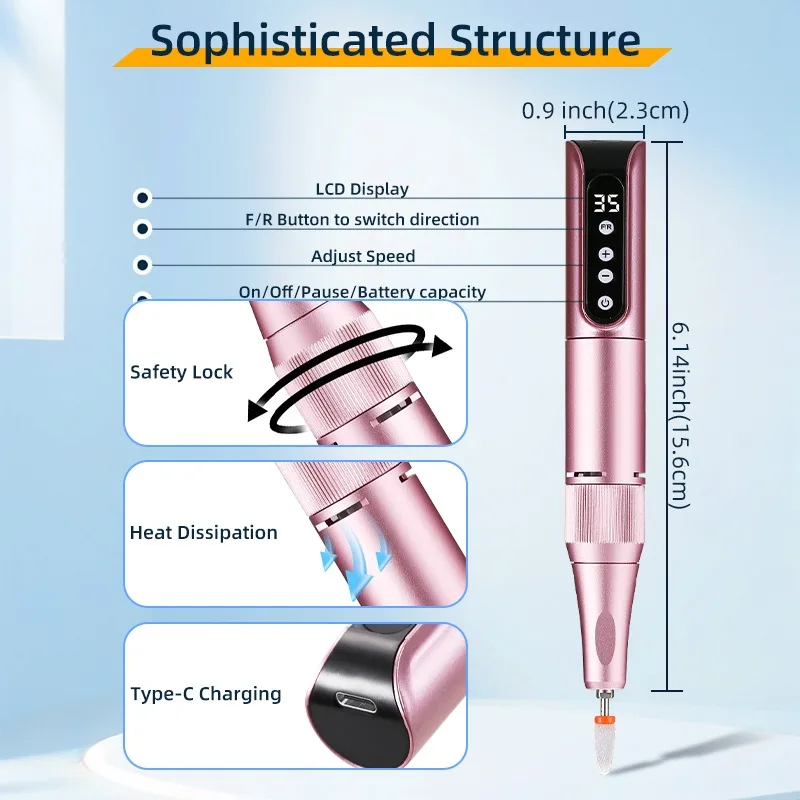 Perceuse à ongles sans fil, Rechargeable par USB, 35000 tr/min, outil de manucure Portable pour lime à ongles et vernis à ongles en Salon