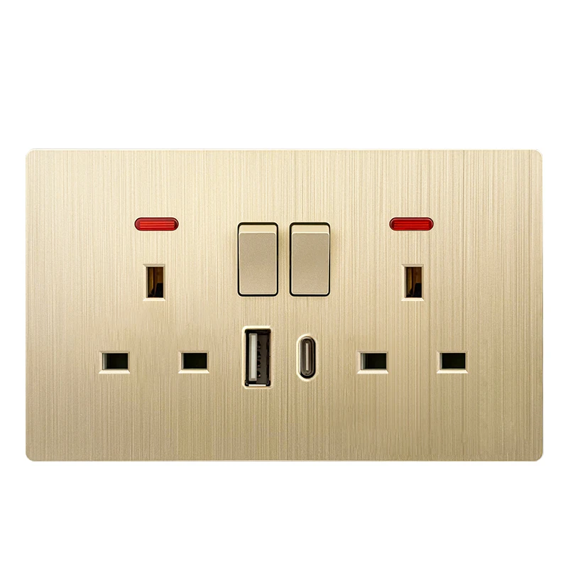 Luxe geborsteld goud ultradunne wand 1/2weg lichtschakelpaneel, EU FR stopcontact, UK universele 3-pins USB C-aansluiting AC 110-250V - afbeelding 2