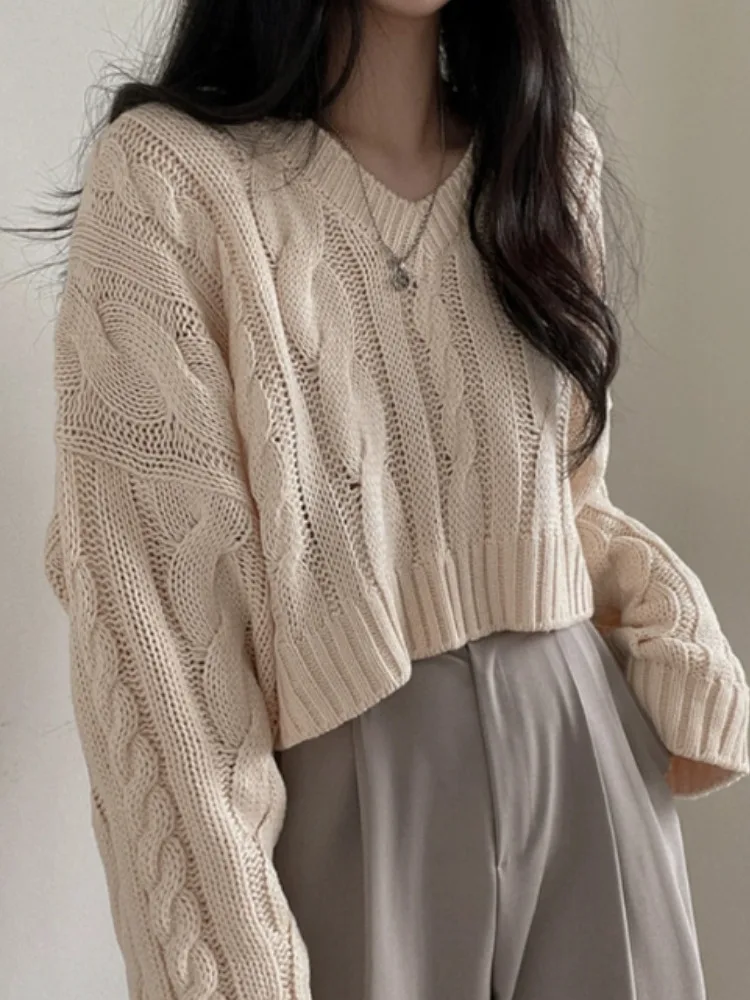 Autumn Winter Women's Crop Top Sweater Korean Style Niche Retro V Neck Petite Friendly Lazy Style Black Knitting Pullover