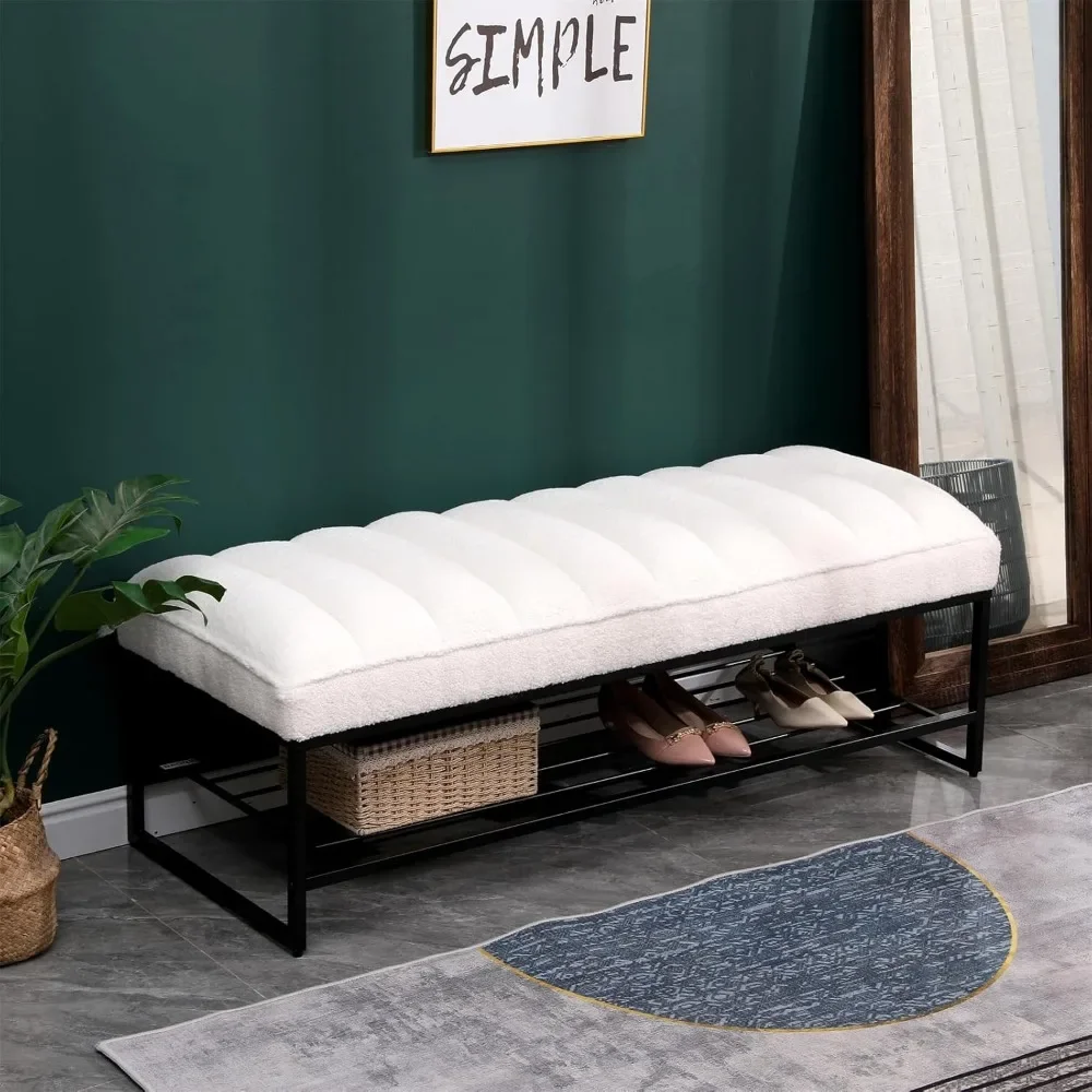 

Modern Tufted Bench with Metal Shelf - Bench Sherpa Entryway Bench for End of Bed