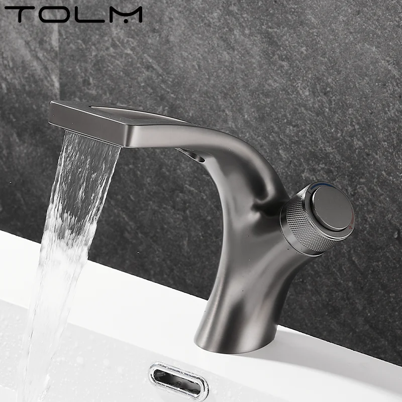 

TOLM Basin Faucets Waterfall Bathroom Faucet Single Handle Basin Mixer Tap Bath Black White Brass Faucet Sink Water Crane Taps