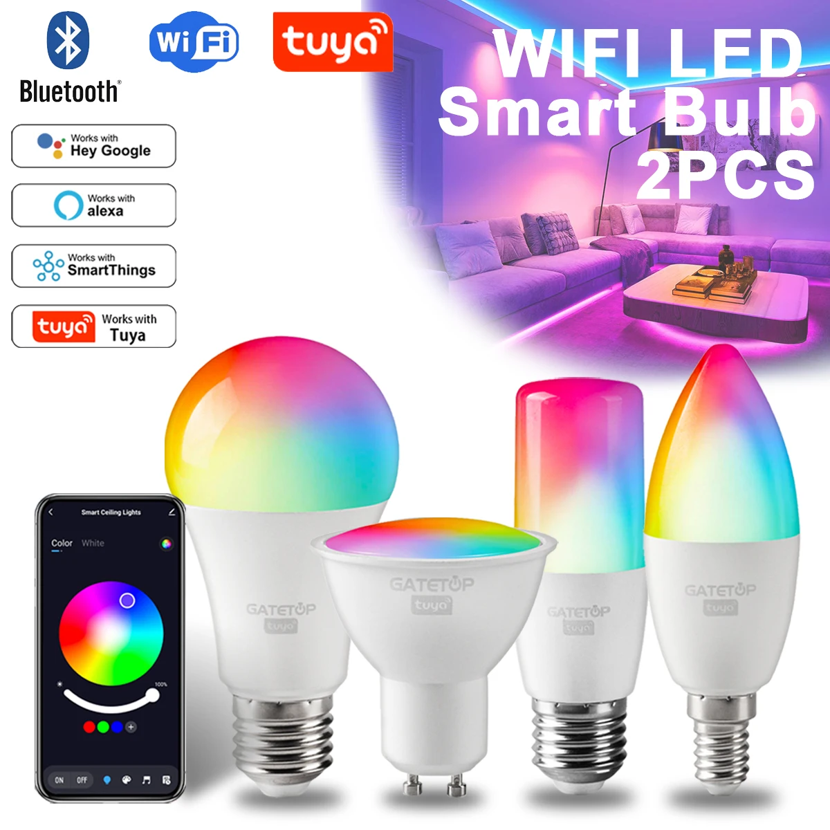 

2PCS Tuya Bulb Rgb Smart Gu10 C37 A60 T37 E14 E27 B22 Light Dimmable Wifi Led Magic Lamp 85-265V Alexa Google Home