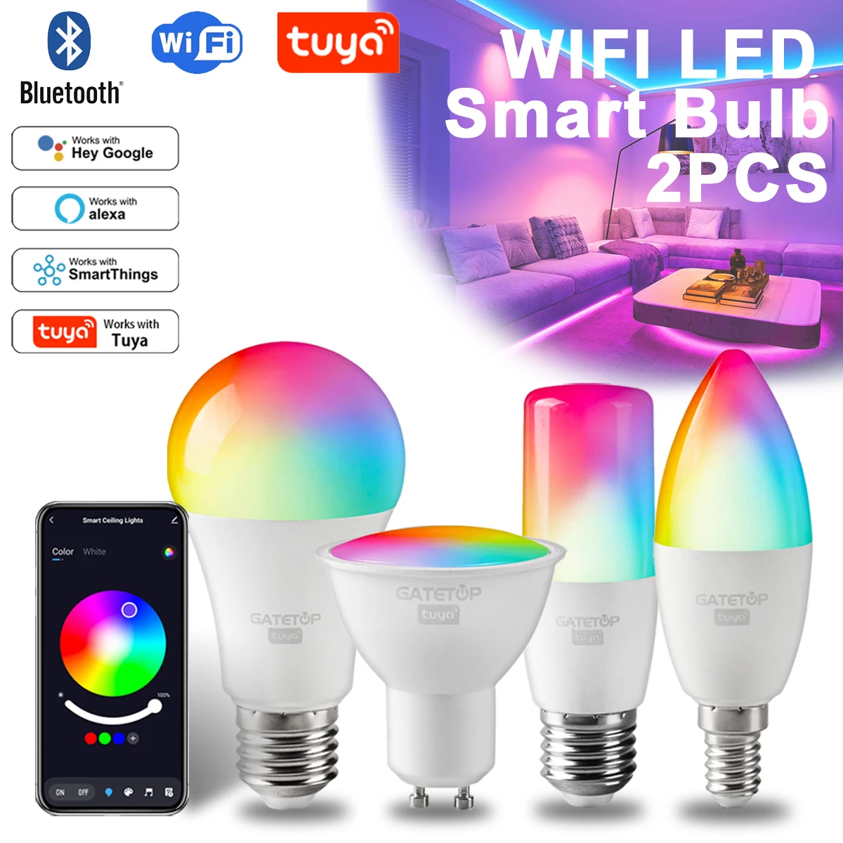 Bombilla Rgb inteligente Tuya, Gu10, C37, A60, T37, E14, E27, B22, luz regulable, Wifi, lámpara mágica Led, 85-265V, Alexa, Google Home, 2 uds.