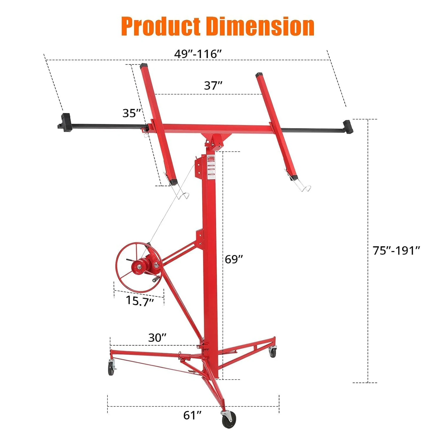 16 FT Drywall Lift Panel Rolling Hoist Jack Lifter with Lockable Wheels Adjustable Drywall Jack Lift for Home Improvement
