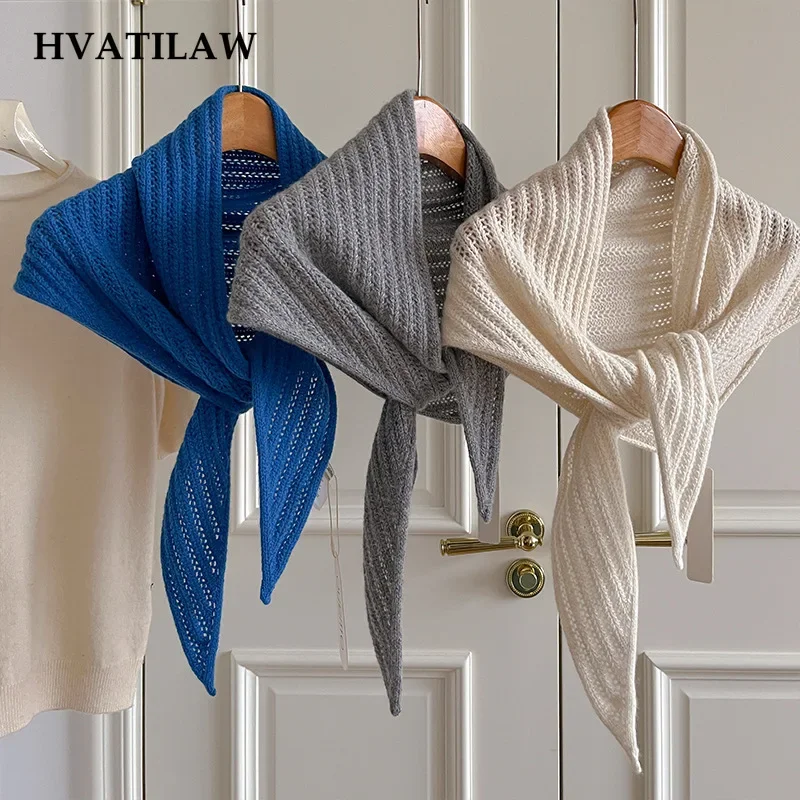 Hollow Out 100% Wool Knitted Triangle Neck Scarf Ladies Breathable Muffler Outfit Wrap Shawl Neckerchief Scarves Pashmina Poncho