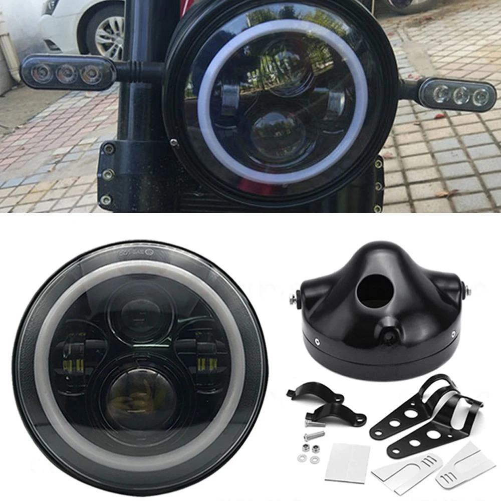 

7inch Motorcycle 40W/75W Headlamp with Angle Eye Led Headlight 7inch Housing Bucket Trim Ring.