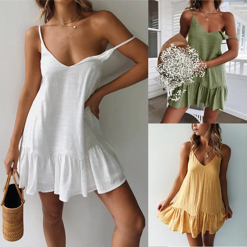 Zomer Katoenen Linnen Jurk Dames Elegante Mouwloze Spaghettibandjurk Vrouwelijke Mode Ruches Vetersluiting Casual Losse Mini Dresse