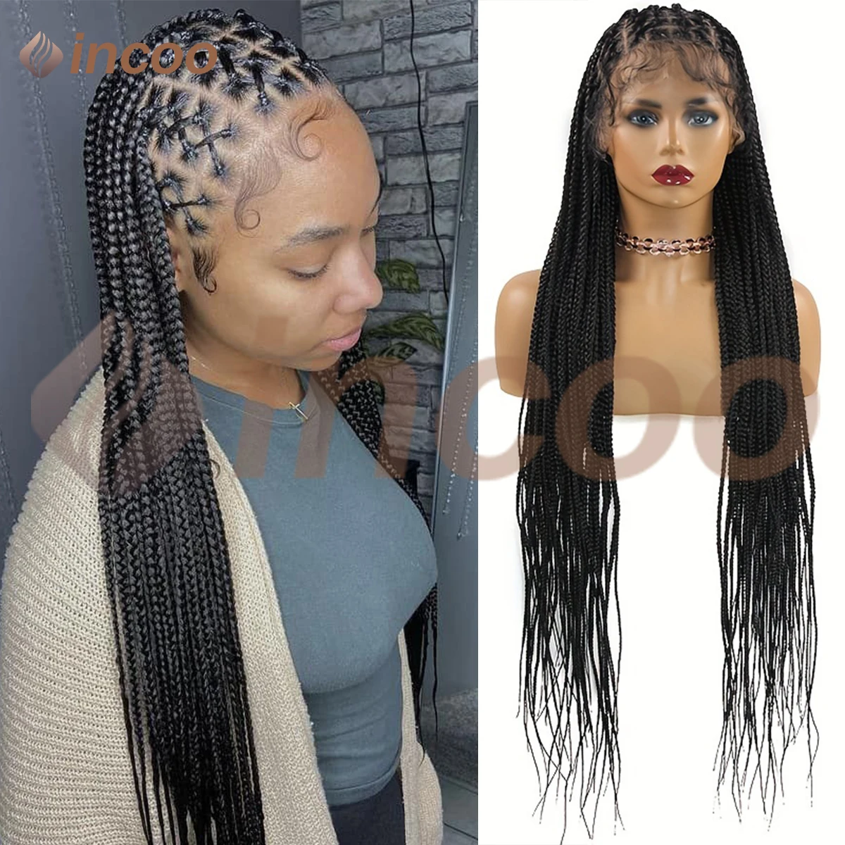 

36Inch Synthetic Full Lace Knotless Box Braided Wigs For Black Women Jumbo Cornrow Wig Braided African Hair for Daily Use
