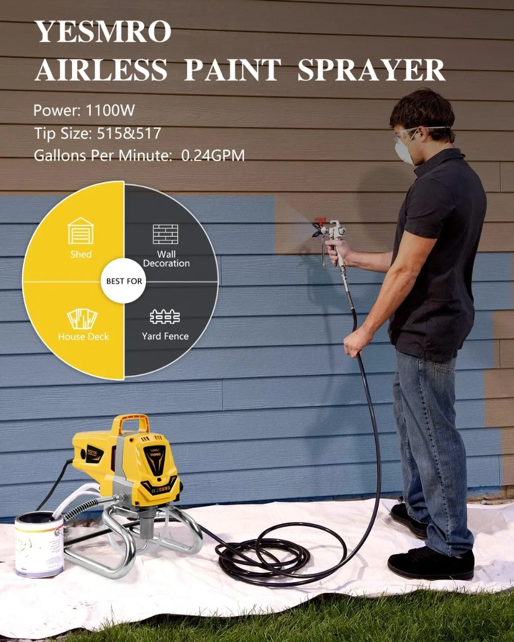 Pulverizador de pintura sin aire para casa, 3300PSI,1100W, sin necesidad de adelgazamiento, para valla Exterior del Hogar, garaje DIY, con pistola de pintura